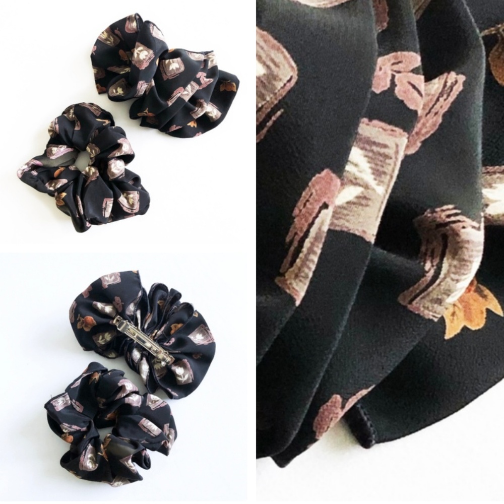 Matching Floral Design Hair Scrunchies and Clip
